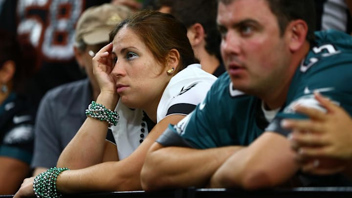  A Philadelphia Eagles fan reacts in the grandstands during the fourth quarter against the Arizona Cardinals at University of Phoenix Stadium.