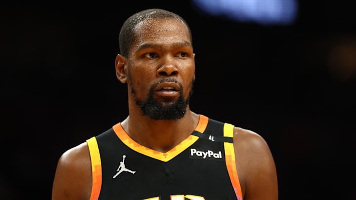 Dec 3, 2024; Phoenix, Arizona, USA; Phoenix Suns forward Kevin Durant (35) against the San Antonio Spurs in the first half of an NBA Cup game at Footprint Center. Mandatory Credit: Mark J. Rebilas-Imagn Images