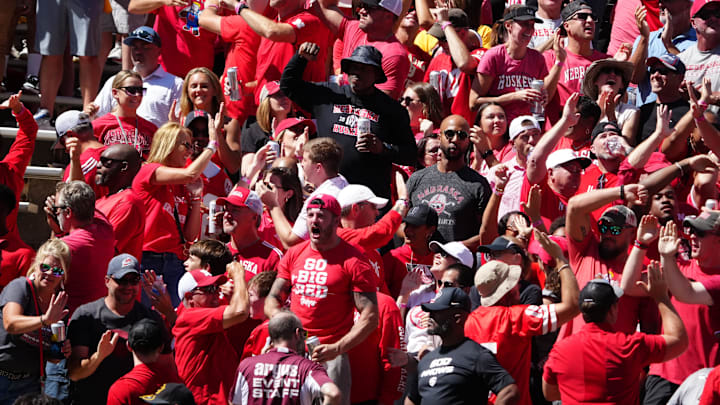 Sep 9, 2023; Boulder, Colorado, USA; Nebraska Cornhuskers fans celebrate a score in the third