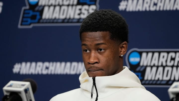 Mar 20, 2025; Raleigh, NC, USA; Baylor Bears guard VJ Edgecombe (7) during the press conference at Lenovo Center. Mandatory Credit: Bob Donnan-Imagn Images