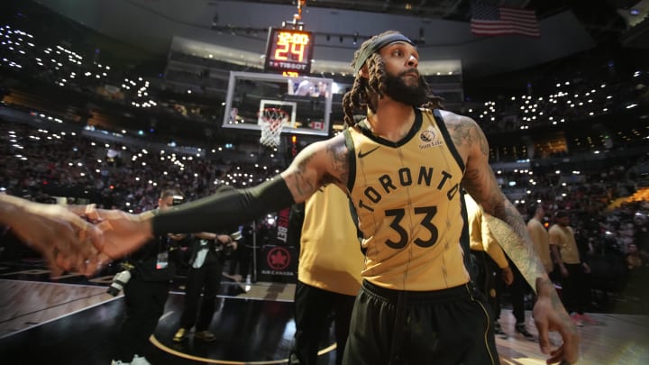 Apr 7, 2024; Toronto, Ontario, CAN; Toronto Raptors guard Gary Trent Jr. (33) during player introductions before a game against the Washington Wizards at Scotiabank Arena. Mandatory Credit: John E. Sokolowski-USA TODAY Sports