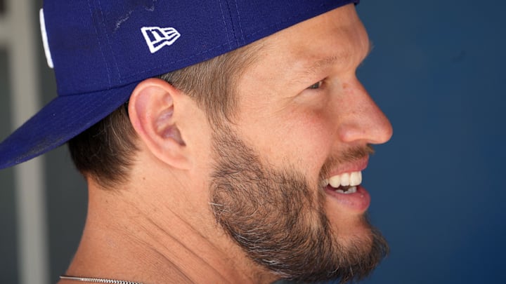 Mar 27, 2022; Phoenix, Arizona, USA; Los Angeles Dodgers starting pitcher Clayton Kershaw (22) prior to a spring training game against the Chicago White Sox at Camelback Ranch-Glendale. Mandatory Credit: Joe Camporeale-Imagn Images