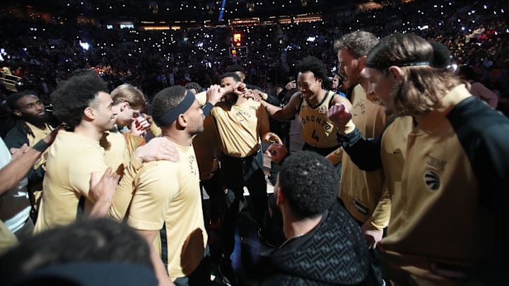 Mar 1, 2024; Toronto, Ontario, CAN; Toronto Raptors huddle up before a game against the Golden State Warriors during the first half at Scotiabank Arena. 
