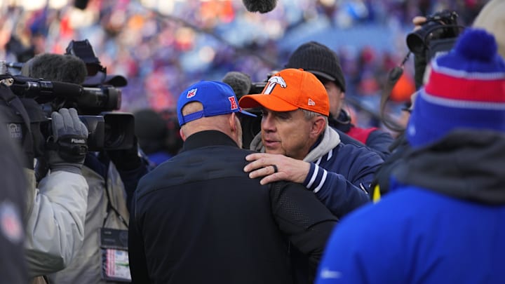 Jan 12, 2025; Orchard Park, New York, USA; Buffalo Bills head coach Sean McDermott and Denver Broncos head coach Sean Payton shake hands following the AFC wild card game at Highmark Stadium. Mandatory Credit: Gregory Fisher-Imagn Images