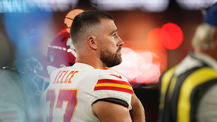 Kansas City Chiefs tight end Travis Kelce (87) stands on the sidelines during their preseason game against the Arizona Cardinals at State Farm Stadium on Aug. 9, 2025.