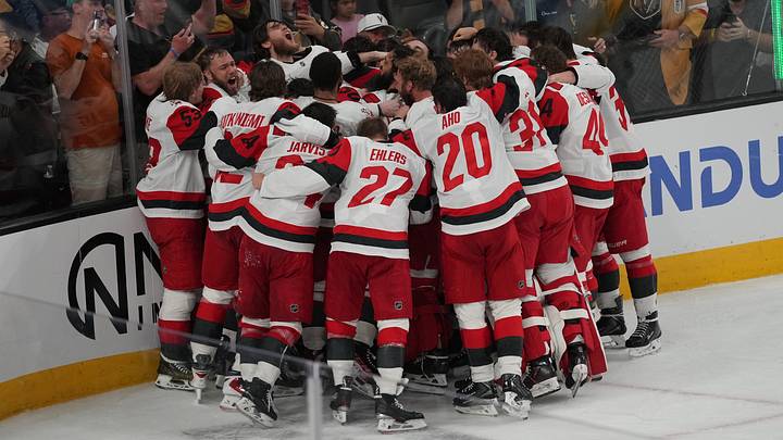 Jun 14, 2026; Las Vegas, Nevada, USA; Carolina Hurricanes celebrate their win against the Vegas Golden Knights in game six of the 2026 Stanley Cup Final at T-Mobile Arena. Mandatory Credit: Lucas Peltier-Imagn Images