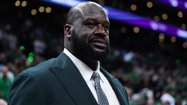 Jun 6, 2024; Boston, Massachusetts, USA; Shaquille O'Neal looks on before the game between the Boston Celtics and the Dallas Mavericks in game one of the 2024 NBA Finals at TD Garden. Mandatory Credit: David Butler II-Imagn Images