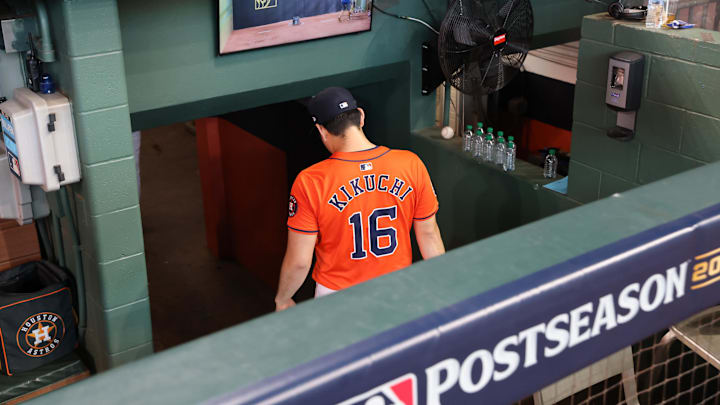 Oct 2, 2024; Houston, Texas, USA; Houston Astros pitcher Yusei Kikuchi leaves the dugout after a victory by the Detroit Tigers.