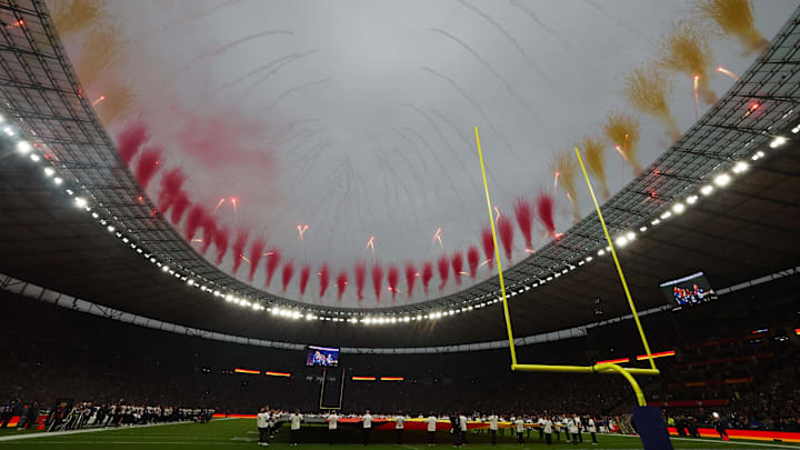 [US, Mexico & Canada customers only] Nov 9, 2025; Berlin, GERMANY; A general view of fireworks before the Berlin Game between the Atlanta Falcons and the Indianapolis Colts at Olympic Stadium. Mandatory Credit: Lisi Niesner/Reuters via Imagn Images