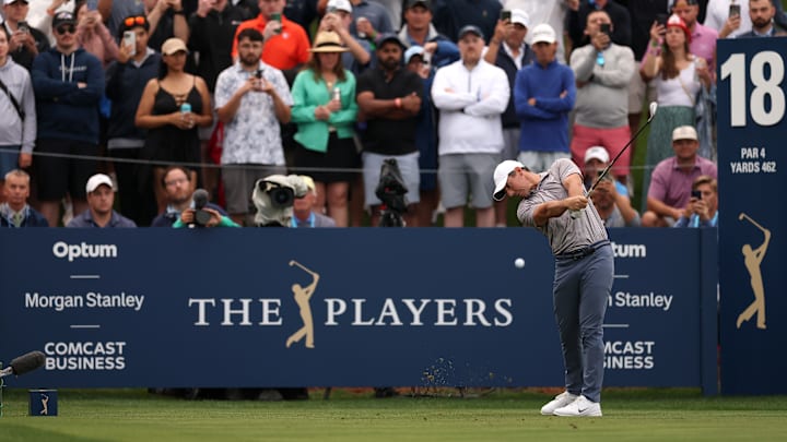 Rory McIlroy tees off on the 18th hole at TPC Sawgrass during the final round of the 2025 Players Championship