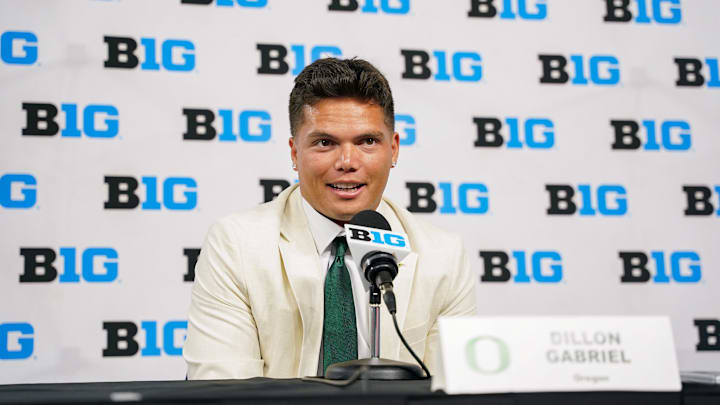 Jul 25, 2024; Indianapolis, IN, USA; Oregon Ducks quarterback Dillon Gabriel speaks to the media during the Big 10 football media day at Lucas Oil Stadium. 