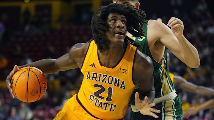 ASU center Jayden Quaintance (21) drives to the basket against Cal Poly during a game at Desert Financial Arena in Tempe on Nov. 20, 2024.