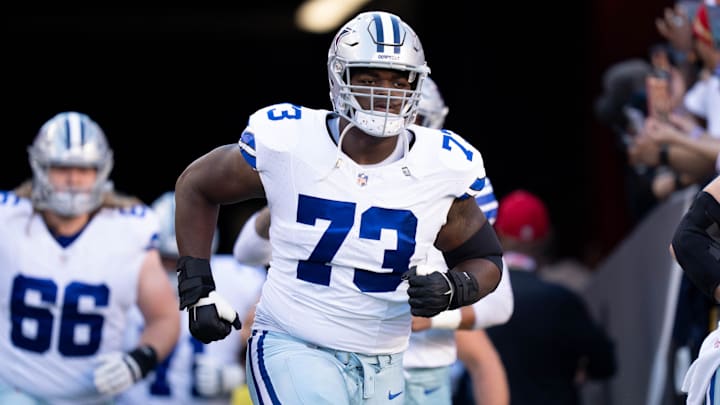 October 8, 2023; Santa Clara, California, USA; Dallas Cowboys offensive tackle Tyler Smith (73) before the game against the San Francisco 49ers at Levi's Stadium.