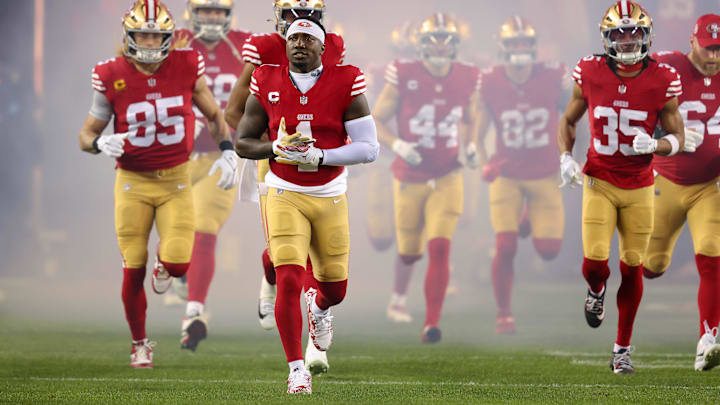 Dec 30, 2024; Santa Clara, California, USA; San Francisco 49ers wide receiver Deebo Samuel Sr. (1) during the game against the Detroit Lions at Levi's Stadium. Mandatory Credit: Sergio Estrada-Imagn Images