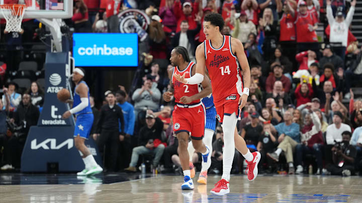 Feb 22, 2026; Inglewood, California, USA; LA Clippers center Yanic Konan Niederhauser (14) reacts against the Orlando Magic in the second half at Intuit Dome. Mandatory Credit: Kirby Lee-Imagn Images