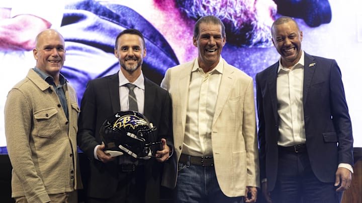 Jan 29, 2026; Owings Mills, MD, USA; Eric DeCosta, Jesse Minter, Steve Bisciotti, Sashi Brown photo prior to press conference at Under Armour Performance Center. Mandatory Credit: Lexi Thompson-Imagn Images