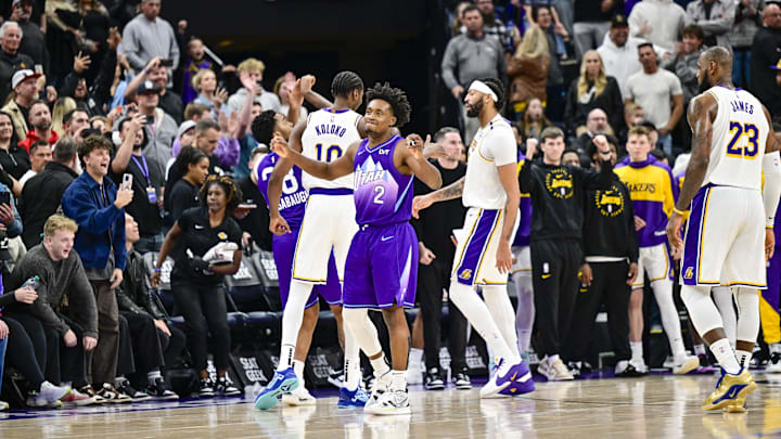 Dec 1, 2024; Salt Lake City, Utah, USA; Utah Jazz guard Collin Sexton (2) reacts after getting blocked against the Los Angeles Lakers during the second half at the Delta Center. Mandatory Credit: Christopher Creveling-Imagn Images