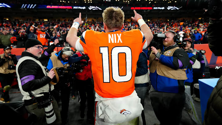 Jan 17, 2026; Denver, CO, USA; Denver Broncos quarterback Bo Nix (10) celebrates after winning an AFC Divisional Round playoff game against the Buffalo Bills at Empower Field at Mile High. 