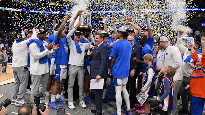 Mar 16, 2025; Nashville, TN, USA; The Florida Gators celebrate after defeating the Tennessee Volunteers in the 2025 SEC Championship Game at Bridgestone Arena. Mandatory Credit: Steve Roberts-Imagn Images Mar 16, 2025; Nashville, TN, USA; The Florida Gators celebrate after defeating the Tennessee Volunteers in the 2025 SEC Championship Game at Bridgestone Arena. Mandatory Credit: Steve Roberts-Imagn Images
