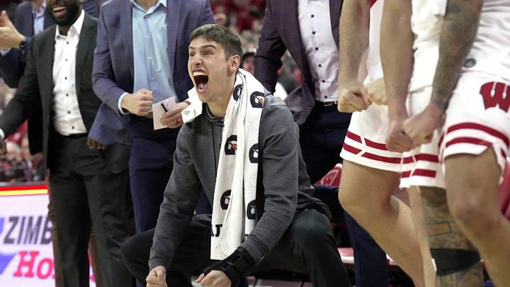 Injured Wisconsin guard Jack Janicki is shown during the second half of their game Wednesday, March 4, 2026 at the Kohl Center in Madison, Wisconsin. Wisconsin beat Maryland 78-45.