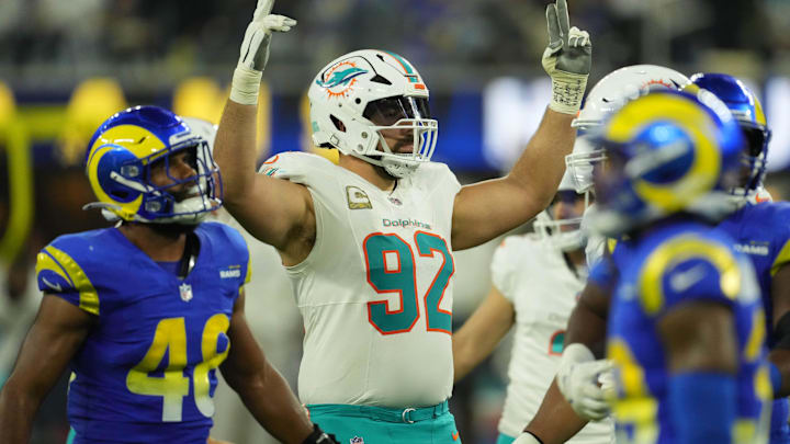 Miami Dolphins defensive tackle Zach Sieler (92) celebrates in the second half against the Los Angeles Rams at SoFi Stadium last season.