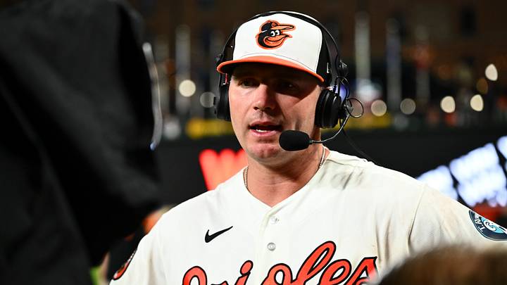 Aug 4, 2026; Baltimore, Maryland, USA; Baltimore Orioles first baseman Pete Alonso (25) is interviewed after the game against the Los Angeles Angels at Oriole Park at Camden Yards. Mandatory Credit: James A. Pittman-Imagn Images