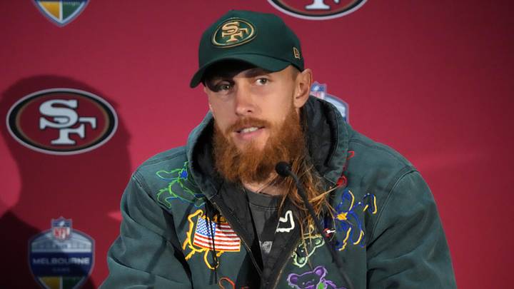 Sep 11, 2026; Melbourne, Victoria, Australia; San Francisco 49ers tight end George Kittle (85) at press conference after the 2026 NFL Melbourne Game against the Los Angeles Rams at Melbourne Cricket Ground. Mandatory Credit: Kirby Lee-Imagn Images Sep 11, 2026; Melbourne, Victoria, Australia; San Francisco 49ers tight end George Kittle (85) at press conference after the 2026 NFL Melbourne Game against the Los Angeles Rams at Melbourne Cricket Ground. Mandatory Credit: Kirby Lee-Imagn Images