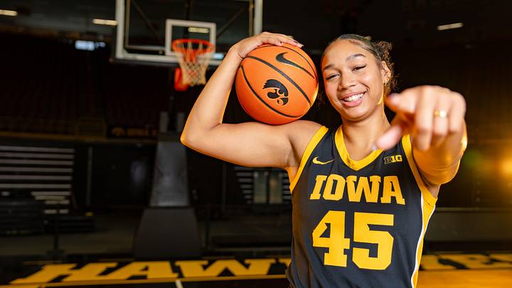 Hannah Stuelke stands for a photo during Iowa Women's Basketball media day at Carver Hawkeye arena in Iowa City, Oct. 14, 2025. Hannah Stuelke stands for a photo during Iowa Women's Basketball media day at Carver Hawkeye arena in Iowa City, Oct. 14, 2025.