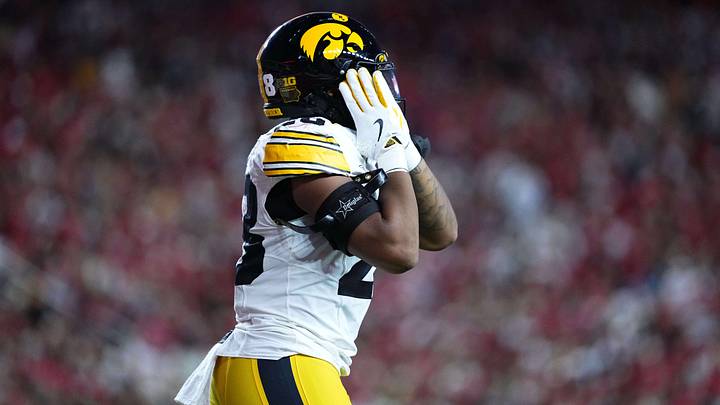 Oct 11, 2025; Madison, Wisconsin, USA; Iowa Hawkeyes running back Kamari Moulton (28) celebrates a touchdown against the Wisconsin Badgers at Camp Randall Stadium. Mandatory Credit: Ross Harried-Imagn Images