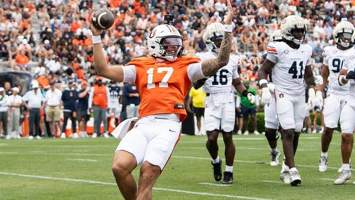 Auburn Tigers quarterback Byrum Brown (17) celebrates a run during Auburn Tigers A-Day spring game at Jordan-Hare Stadium in Auburn, Ala. on Saturday, April 18, 2026.