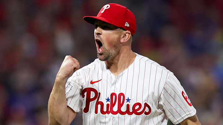 Philadelphia Phillies relief pitcher Andrew Bellatti (64) reacts after the Phillies defeated the Houston Astros in game three of the 2022 World Series at Citizens Bank Park.