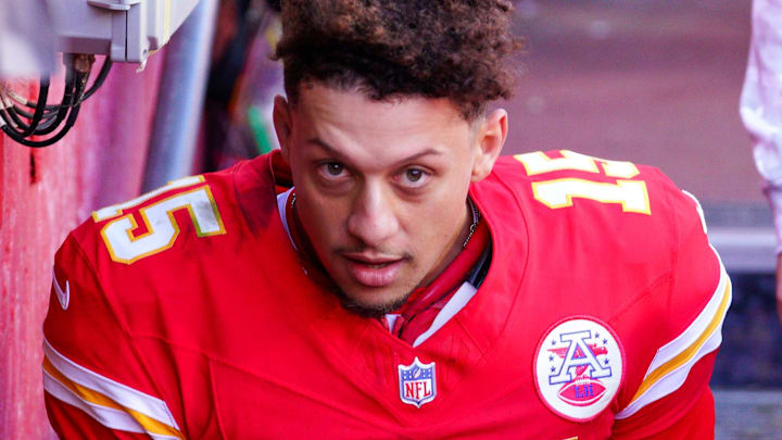 Nov 10, 2024; Kansas City, Missouri, USA; Kansas City Chiefs quarterback Patrick Mahomes (15) the field after the win over the Denver Broncos at GEHA Field at Arrowhead Stadium. Mandatory Credit: Denny Medley-Imagn Images
