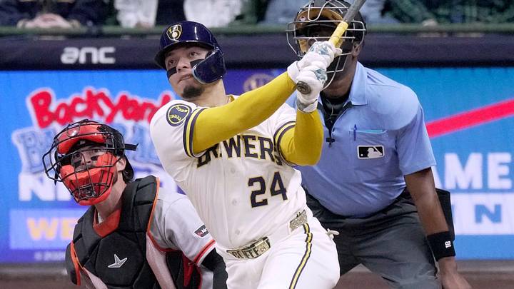 Milwaukee Brewers' William Contreras (24) watches his sacrifice fly during the eighth inning of their game against the San Francisco Giants Monday, June 1, 2026 at American Family Field in Milwaukee, Wisconsin. Milwaukee Brewers' William Contreras (24) watches his sacrifice fly during the eighth inning of their game against the San Francisco Giants Monday, June 1, 2026 at American Family Field in Milwaukee, Wisconsin.