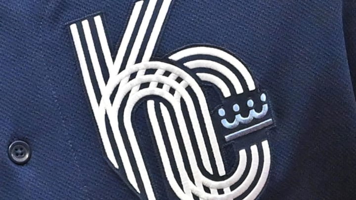 Apr 30, 2022; Kansas City, Missouri, USA;  The new Kansas City Royals logo on the uniform during a game against the New York Yankees at Kauffman Stadium. Mandatory Credit: Peter Aiken-Imagn Images