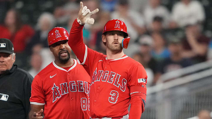 Sep 10, 2024; Minneapolis, Minnesota, USA; Los Angeles Angels left fielder Taylor Ward (3) reacts to hitting a RBI single during the fifth inning against the Minnesota Twins at Target Field. Mandatory Credit: Jordan Johnson-Imagn Images