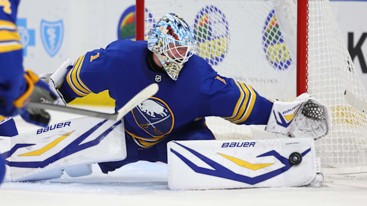 Mar 31, 2026; Buffalo, New York, USA;  Buffalo Sabres goaltender Ukko-Pekka Luukkonen (1) makes a pad save during the third period against the New York Islanders at KeyBank Center. Mandatory Credit: Timothy T. Ludwig-Imagn Images