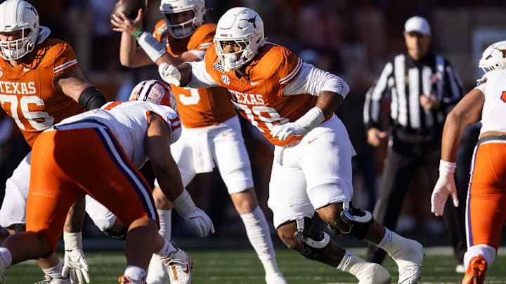 Dec 21, 2024; Austin, Texas, USA; Texas Longhorns offensive lineman Kelvin Banks Jr. (78) against the Clemson Tigers during the CFP National playoff first round at Darrell K Royal-Texas Memorial Stadium. Mandatory Credit: Mark J. Rebilas-Imagn Images Dec 21, 2024; Austin, Texas, USA; Texas Longhorns offensive lineman Kelvin Banks Jr. (78) against the Clemson Tigers during the CFP National playoff first round at Darrell K Royal-Texas Memorial Stadium. Mandatory Credit: Mark J. Rebilas-Imagn Images