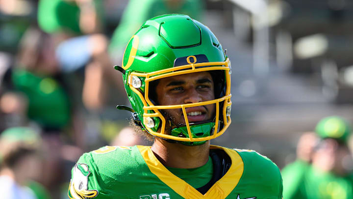 Oregon Ducks quarterback Dante Moore during pregame warmups at Autzen Stadium.
