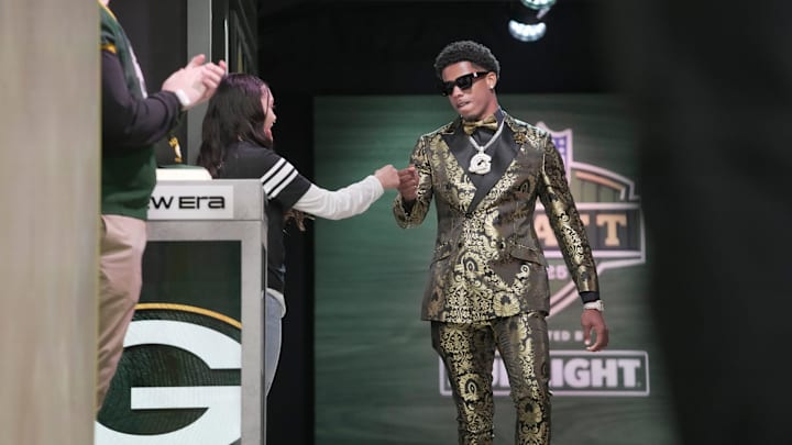 Wide receiver Matthew Golden of Texas heads to the stage after being selected as the 23rd overall pick by the Green Bay Packers during the first round of the 2025 NFL Draft at Lambeau Field on April 24, 2025, in Green Bay.