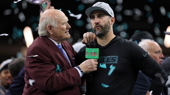Feb 9, 2025; New Orleans, LA, USA; Fox NFL Sunday co-host Terry Bradshaw interviews Philadelphia Eagles head coach Nick Sirianni after winning against Kansas City Chiefs in Super Bowl LIX at Caesars Superdome. Mandatory Credit: Geoff Burke-Imagn Images
