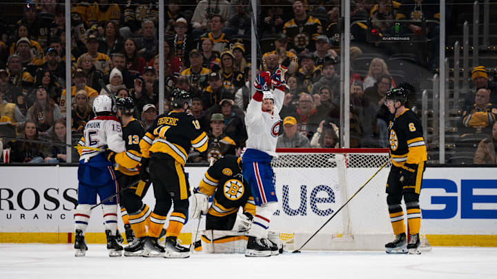 Dec 1, 2024; Boston, Massachusetts, USA; Montreal Canadiens defenseman Kaiden Guhle (21) celebrates a third period goal against Boston Bruins at TD Garden. Mandatory Credit: Natalie Reid-Imagn Images