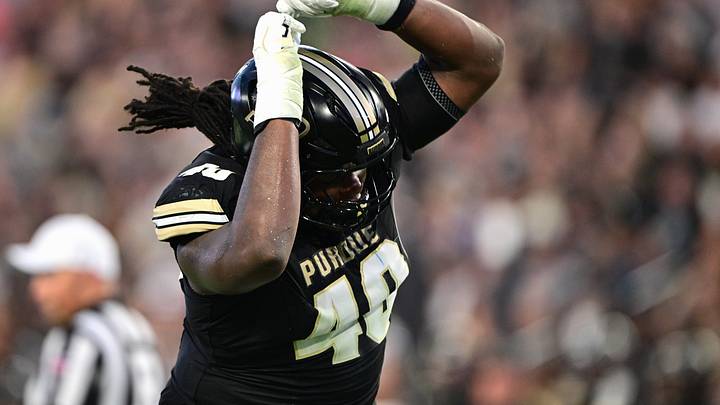 Purdue Boilermakers defensive lineman Ian Jeffries (40) celebrates after a sack. Purdue Boilermakers defensive lineman Ian Jeffries (40) celebrates after a sack.
