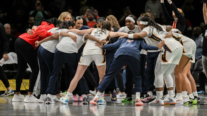 Apr 25, 2026; Brooklyn, NY, USA; Indiana Fever players huddle before the start of the first half against the New York Liberty at Barclays Center. Mandatory Credit: John Jones-Imagn Images