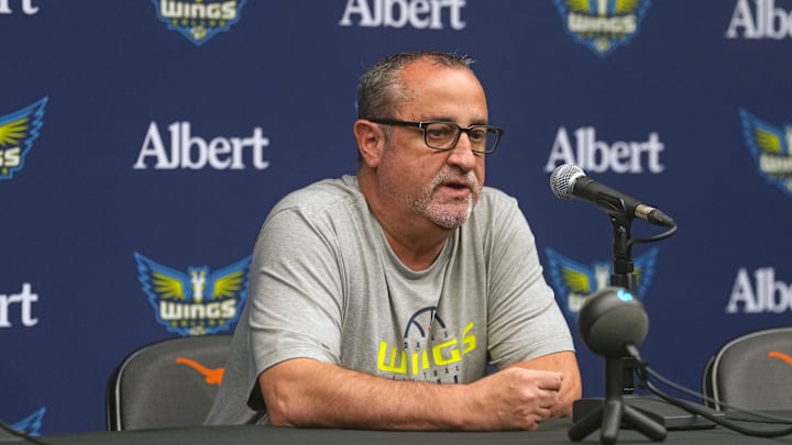 May 3, 2026; Austin, TX, USA; Dallas Wings Head Coach Jose Fernandez answers questions from the media before a preseason game against the Las Vegas Aces at Moody Center. Mandatory Credit: Scott Wachter-Imagn Images May 3, 2026; Austin, TX, USA; Dallas Wings Head Coach Jose Fernandez answers questions from the media before a preseason game against the Las Vegas Aces at Moody Center. Mandatory Credit: Scott Wachter-Imagn Images