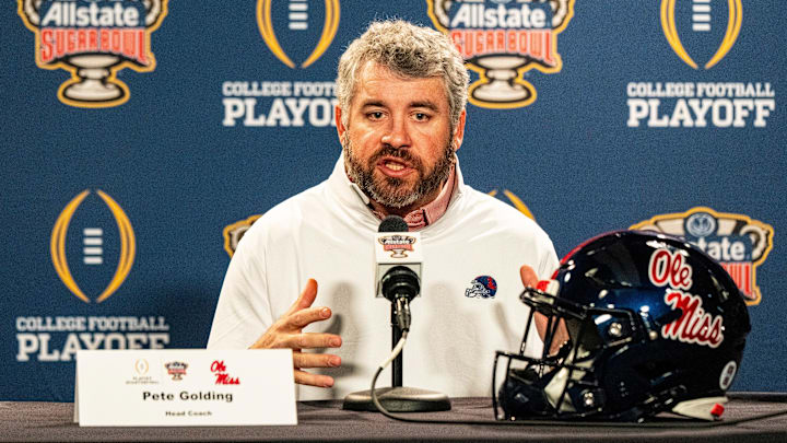 Ole Miss head coach Pete Golding takes questions from the press during the Sugar Bowl and College Football Playoff quarterfinals Media Day at Sheraton New Orleans Hotel in New Orleans, La., on Tuesday, Dec. 30, 2025. Players and coaches from Ole Miss and Georgia took questions from the press.