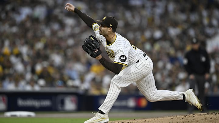 Oct 9, 2024; San Diego, California, USA; San Diego Padres pitcher Dylan Cease (84) throws in the first inning against the Los Angeles Dodgers during game four of the NLDS for the 2024 MLB Playoffs at Petco Park. Oct 9, 2024; San Diego, California, USA; San Diego Padres pitcher Dylan Cease (84) throws in the first inning against the Los Angeles Dodgers during game four of the NLDS for the 2024 MLB Playoffs at Petco Park.