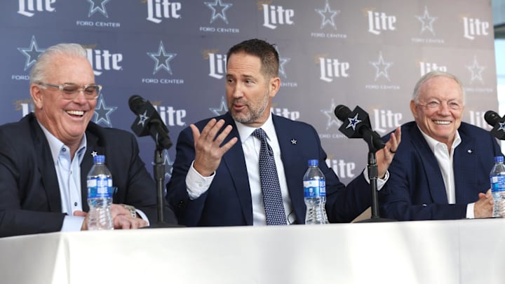  Dallas Cowboys CEO Stephen Jones, head coach Brian Schottenheimer and owner Jerry Jones speak to the media.