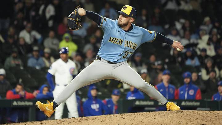 May 20, 2026; Chicago, Illinois, USA; Milwaukee Brewers pitcher DL Hall (37) pitches against the Chicago Cubs during the ninth inning at Wrigley Field. Mandatory Credit: David Banks-Imagn Images