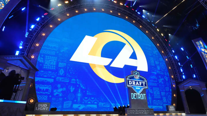 Apr 25, 2024; Detroit, MI, USA; A Los Angeles Rams logo at the 2024 NFL Draft at Campus Martius Park and Hart Plaza. Mandatory Credit: Kirby Lee-USA TODAY Sports