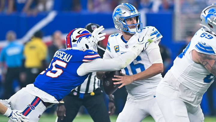 Buffalo Bills linebacker Greg Rousseau (15) sacks Detroit Lions quarterback Jared Goff (16) in the first half at New Highmark Stadium. Buffalo Bills linebacker Greg Rousseau (15) sacks Detroit Lions quarterback Jared Goff (16) in the first half at New Highmark Stadium.
